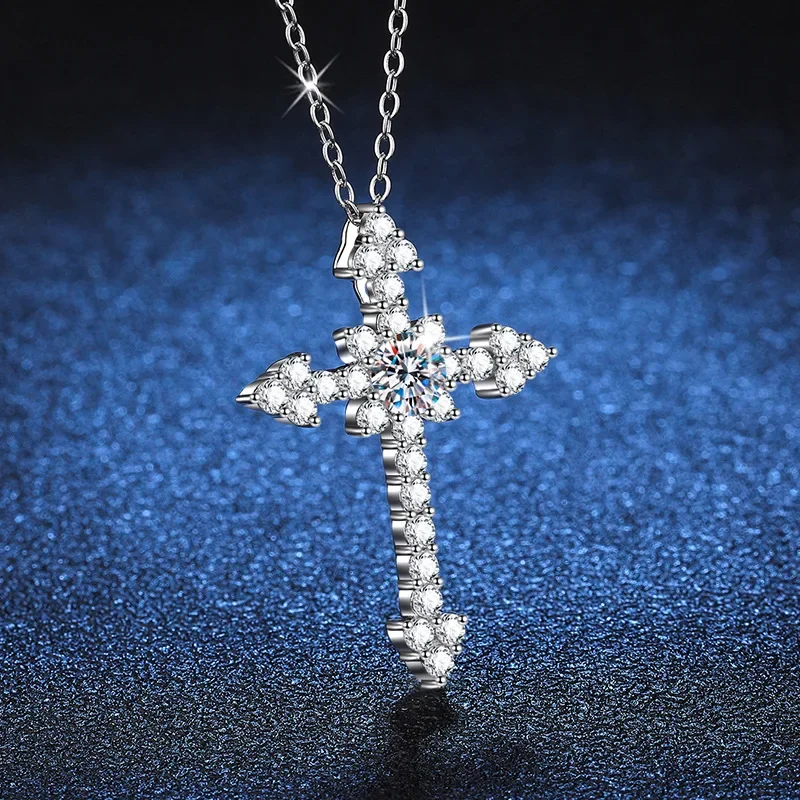 100% 925 Silver Cross Necklace for Women 1CT VVS Lab Moissanite Diamond Cross Pendant Necklace Birthday Gift Jewelry