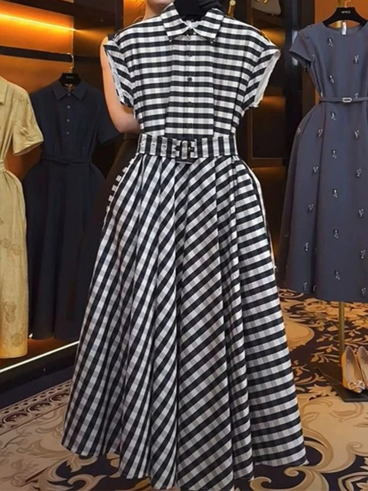 

Striped grid retro Hepburn style printed large swing design wedding dresses for women vestidos de mujer