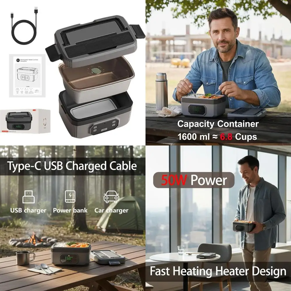 

Portable Electric Lunch Box for Adults, 6.8 Cups Food Container, Rechargeable 24000mAh Battery, Heating Timer & Reservation Feat