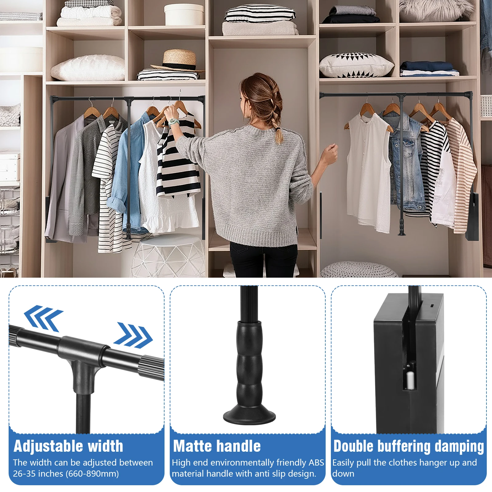 

Комплект из 2 шт. регулируемых выдвижных штанг для шкафа с двусторонней амортизацией, нагрузка до 27 кг, для кухонных и ванных шкафов