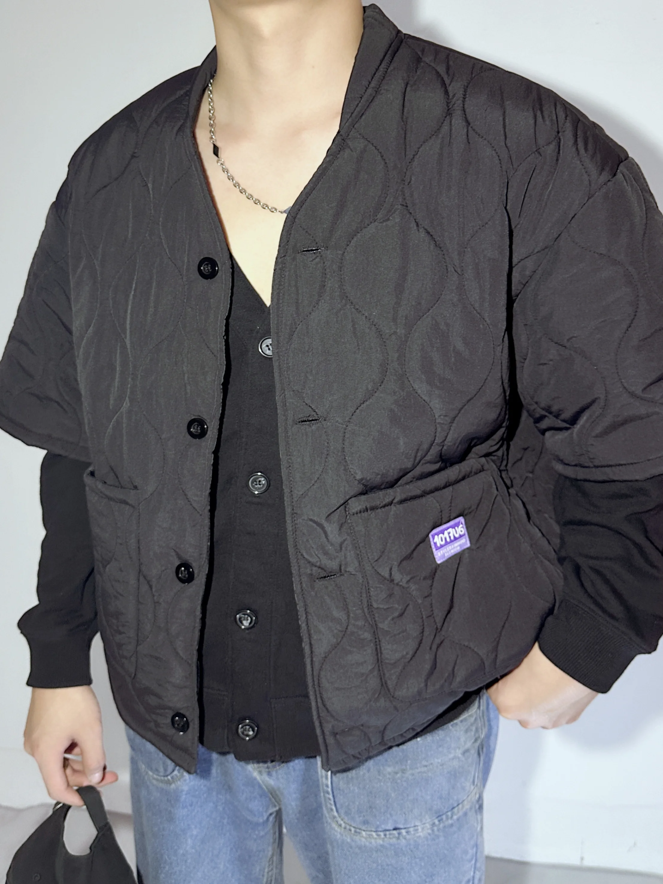 

Retro Japanese Style Diamond Pattern Men's Cotton Jacket Fashionable mid Sleeve Loose Fit Autumn Winter Casual Outerwear