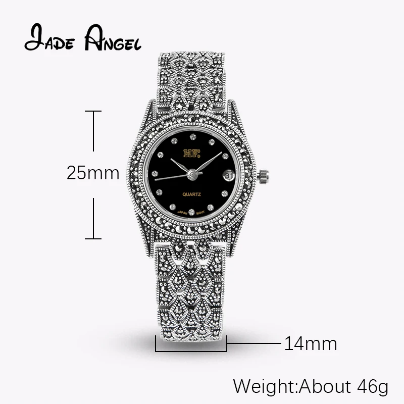 JADE ANGEL 925 Sterling Silver Wrist Watch Elegant Marcasite Bracelet for Women Festival Party Fine Jewelry Anniversary Gift