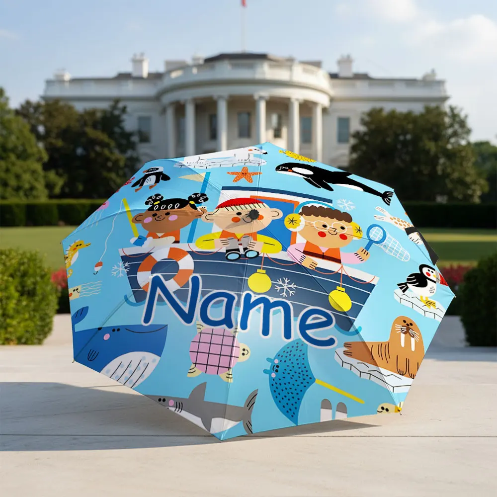 Custom Name umbrella,Playful Ocean Adventure Umbrella with Animals & Kids Design Folding Umbrella for Sunny and Rainy Days