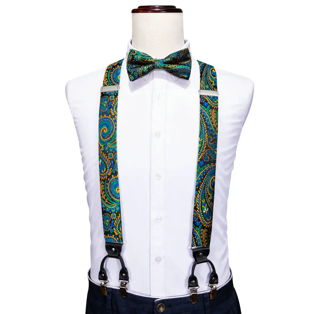 Fashion Paisley Green Silk Men Suspender Bowtie Handkerchief Cufflinks Set Y-Shape 6 Clips Party Wedding Business Barry.Wang
