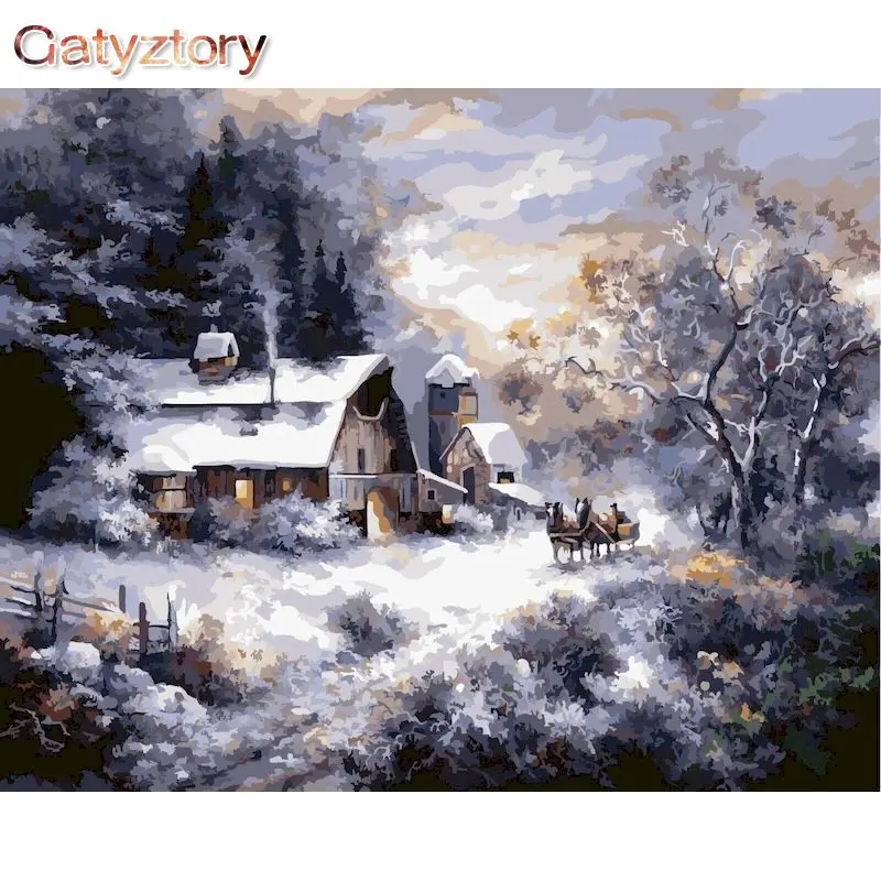 

GATYZTORY Frame Snowy House Landscape DIY Painting By Numbers Hand painted Vintage Oil Painting Home Wall Art Picture 40x50cm