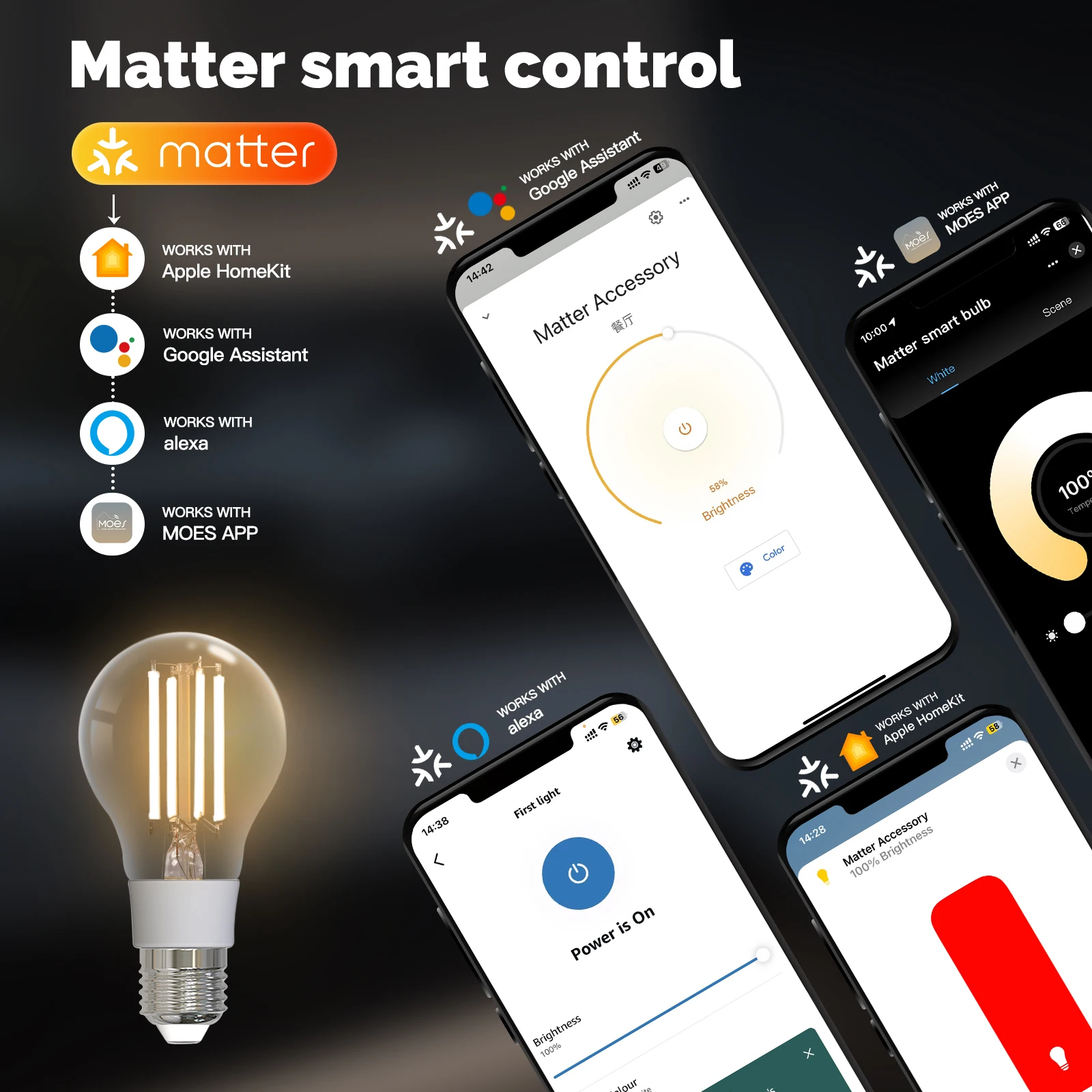 MOSE Tuya Matter WiFi Smart Filament Bulb E27 Energy Saving Light Dimmable APP Remote Control Alexa GoogleHome for Voice Control