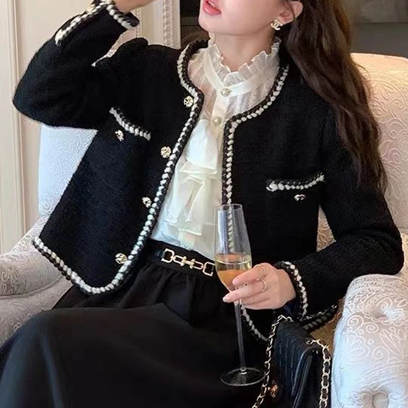 Autumn Winter Women Vintage French Style Luxury Chic Tweed Button Coats Elegant Fashion Black O Neck Long Sleeve Outewear Jacket