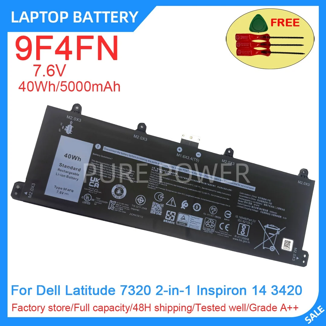 New Laptop Battery 9F4FN 7.6V 40WH 5000mAh High Quality For Dell Latitude 7320 2-in-1 Inspiron 14 3420
