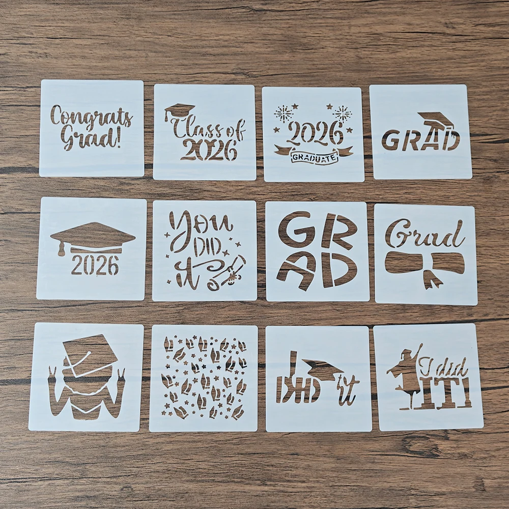12Pcs 2026 Graduation Spray Stencils, Grad Cap Template for Sugar Cookie Cupcake Baking & Graduation Card Decoration