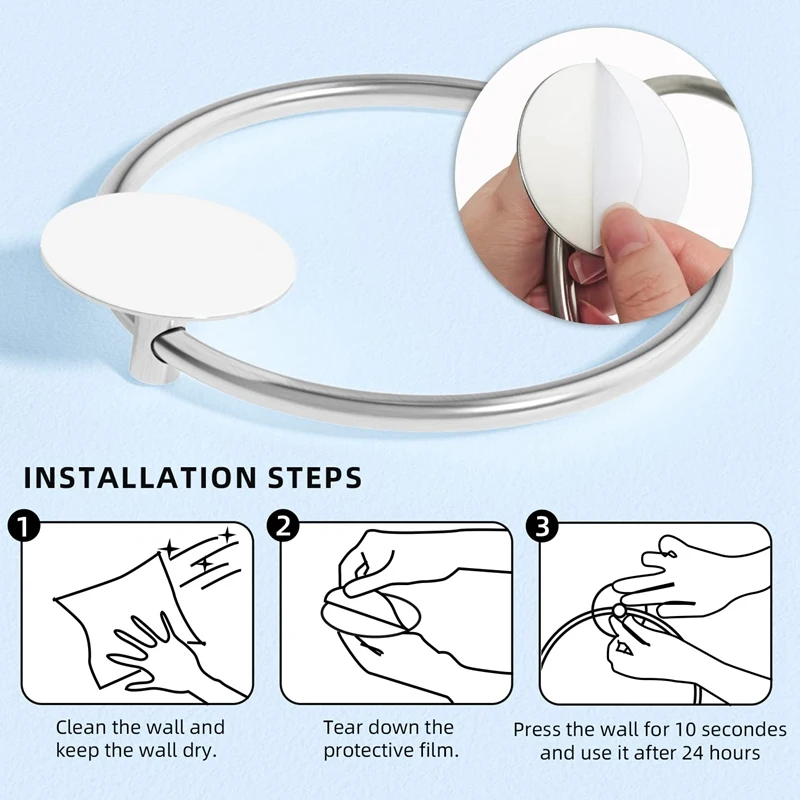 Bathroom Towel Ring Stainless Steel Bathroom Towel Rack, Adhesive Wall Mounted Hand Towels Holder Easy Install Easy To Use