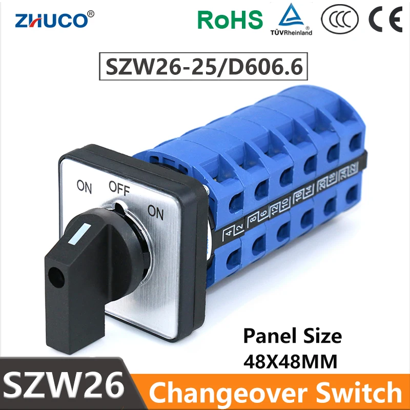 ZHUCO SZW26/LW26-25 LW28 LW39B 25A 660V ON-OFF-ON 6P 48mm Panel Mechanical Interruptor Cam Changeover Switch 3 Positions