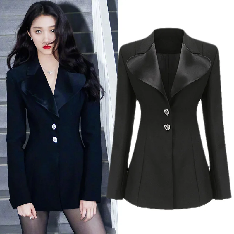 

Black slim small suit jacket female 2023 spring closed waist temperament embroidered suit dress