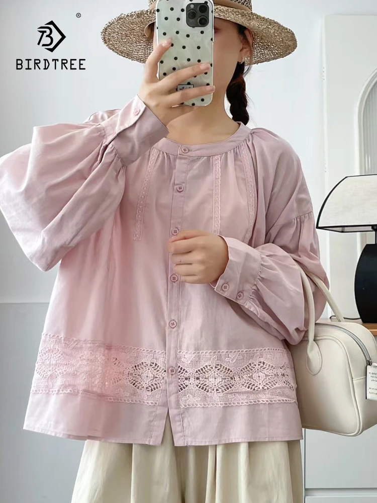 

New 2025 Autumn Cotton Lantern Sleeve Shirt, Women O Neck Lace Embroidery Patchwork, Mori Girl French Chic Loose Blouse T59120CC