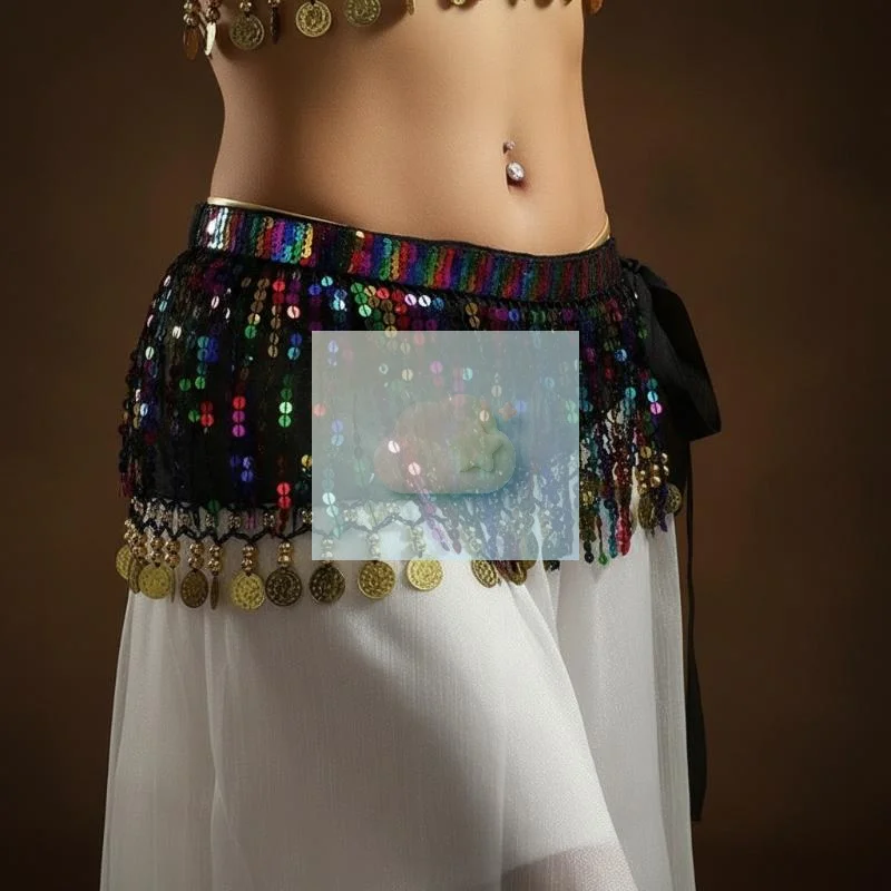 Falda de cintura con lentejuelas brillantes y flecos para danza del vientre, ideal para clases de danza, cosplay, fiestas y eventos.