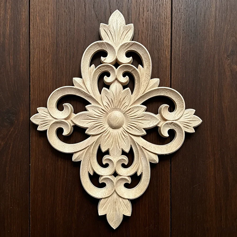 Unique Natural Wood Carved Onlay Floral Wooden Figurines Crafts Corner Appliques Frame Door Furniture Decorative Wood Carving