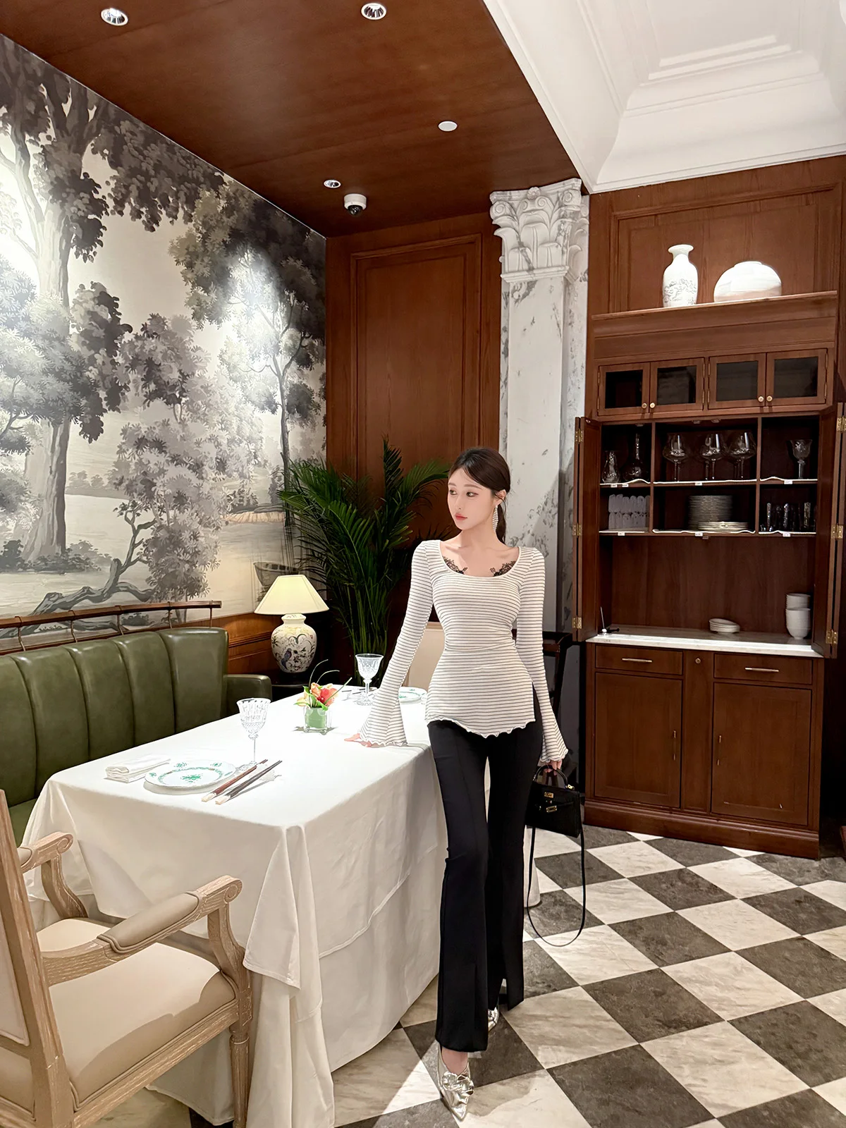 

Slim Fit Stripe Art Lace Top Women's Long Sve Cotton Blend Versatile Design Spring 2025 Faion Casual Square Collar Tee