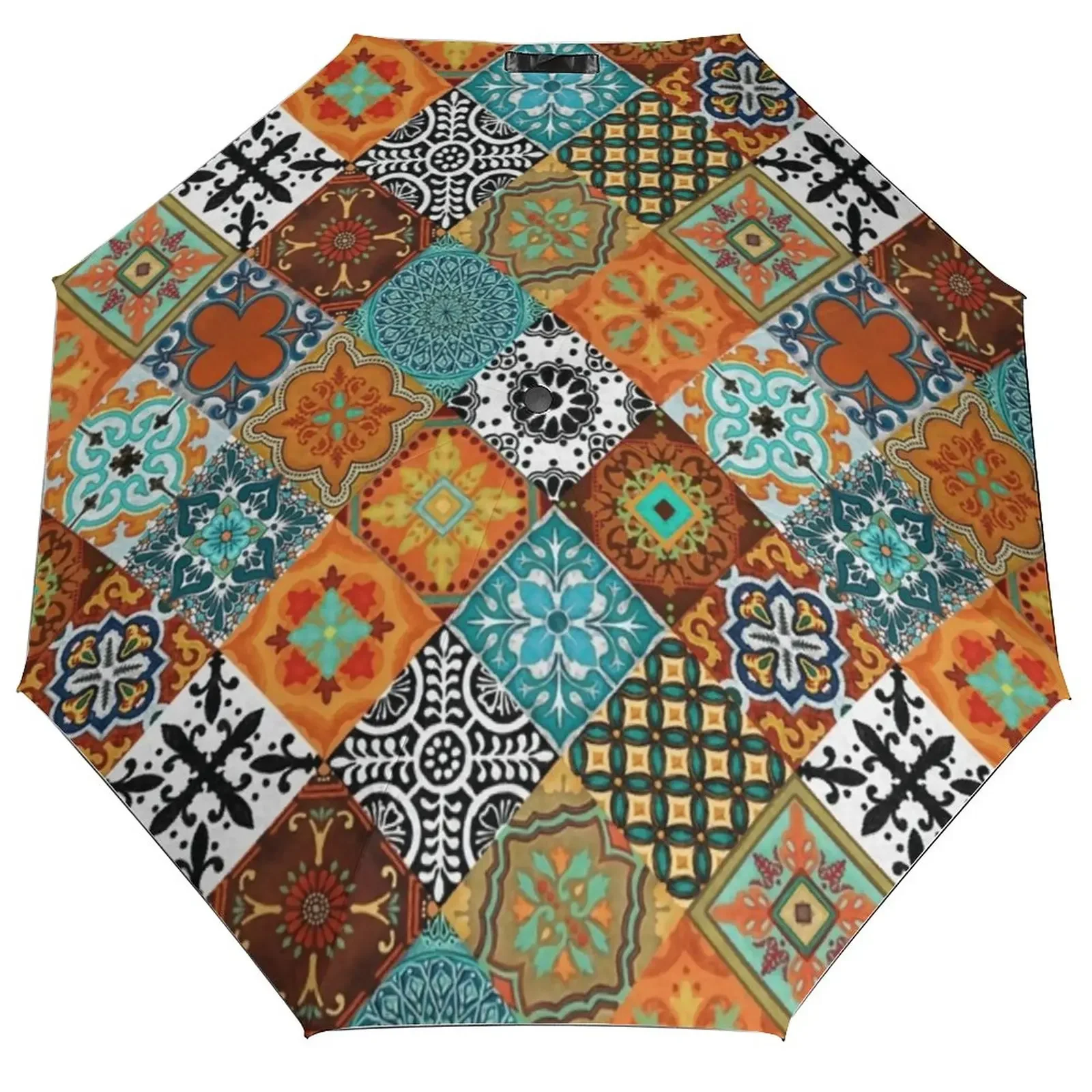 

Gold Mandala Print 3 Fold Manual Umbrella Vintage Floral Black Coat Umbrella UV Protection Lightweight Umbrellas for Male Female