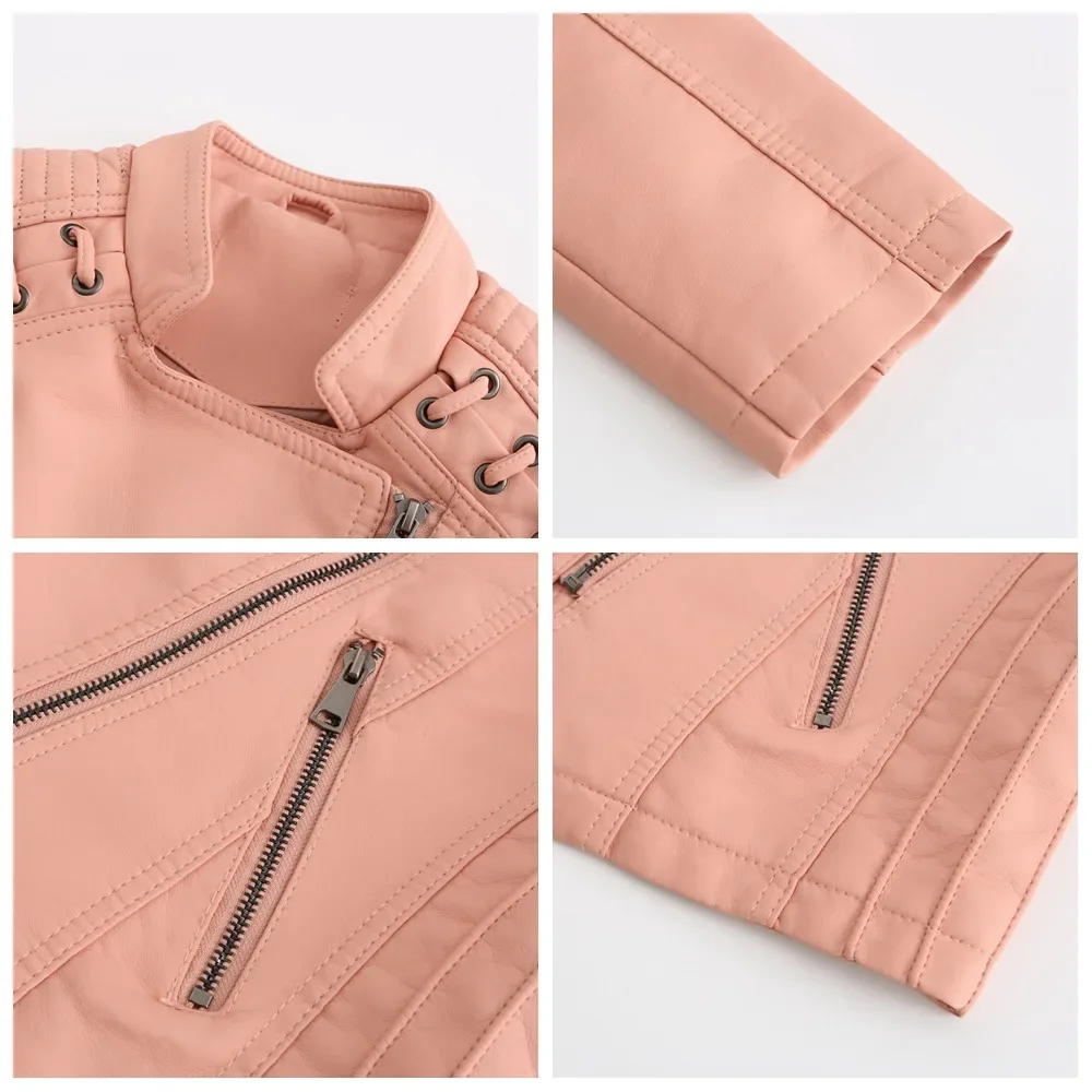 2025 ربيع الخريف السيدات دراجة نارية سترات من الجلد النساء بدوره إلى أسفل طوق سستة سليم الأسود موتو و السائق سترة الإناث الجلود