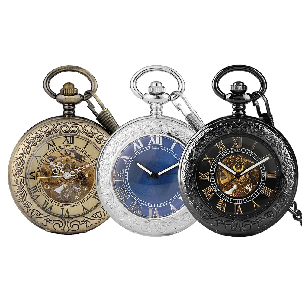 

With Box Mechanical Self Winding Pocket Clock Transparent Glass Roman Numerals Dial Fob Chain Pendant Pocket Clock Men's Gift