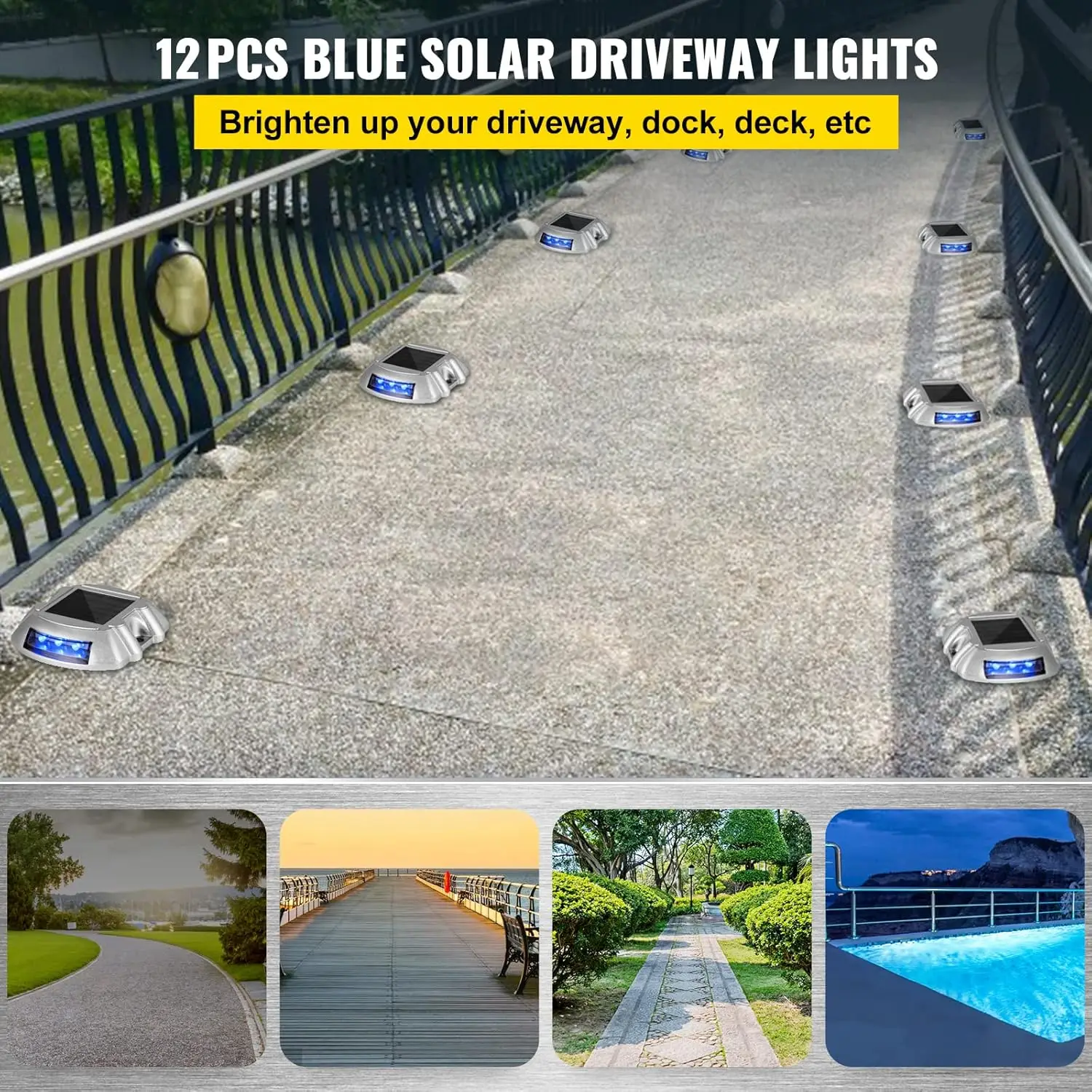 Driveway Lights 12-Pack Solar Driveway Lights Bright Blue Solar Deck Lights Outdoor Waterproof Wireless Dock Lights 6 LEDs for