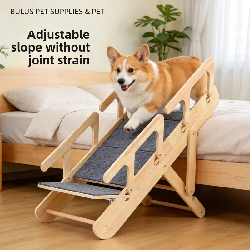 Foldable Solid Wood Pet Stairs Safety Rail Adjustable Ramp Style Anti-Slip Steps Cats Small Or Senior Dogs To Reach Beds Sofas