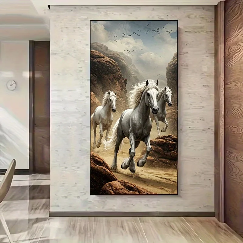 Galloping White Gray Horse in a Rocky Desert DIY Diamond Painting 5D Diamond Art Full Diamond Mosaic Jewelry Cross Stitch