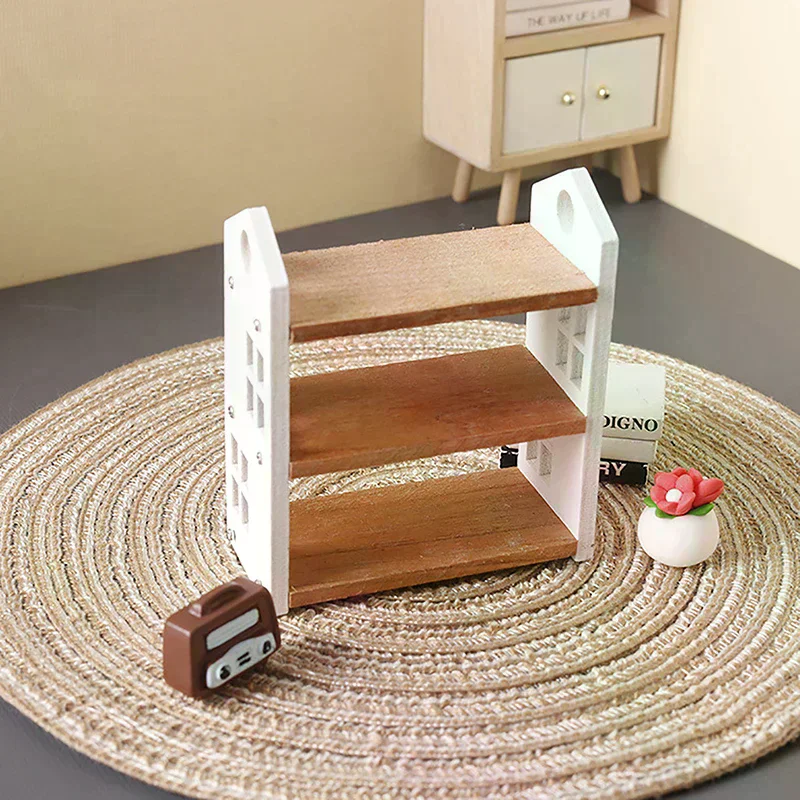 Doll House Accessories 1:12 Dollhouse Miniature Bookshelf Three-tier Storage Rack Display Stand Furniture Model Decor Toy