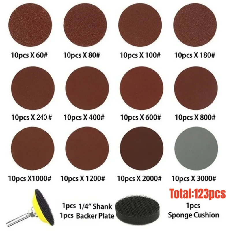 123 pces 50mm variedade de lixa 60-3000 grit lixa disco almofada conjunto 2 Polegada para moedor de broca ferramentas rotativas com almofada pólo de disco