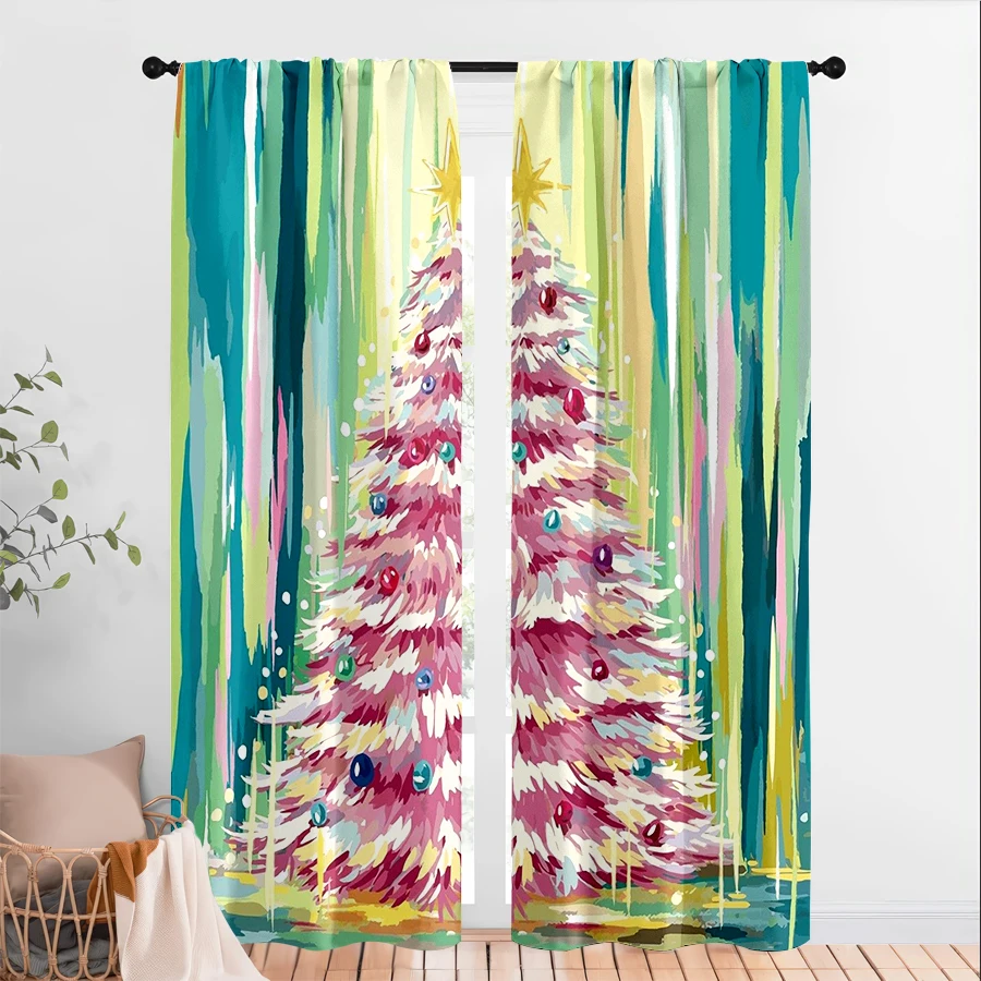 2PCS Digital Print Christmas Curtains, Oil Painting Pink Tree Color Balls, Artistic Pop Window Drapes for Holiday Home Decor
