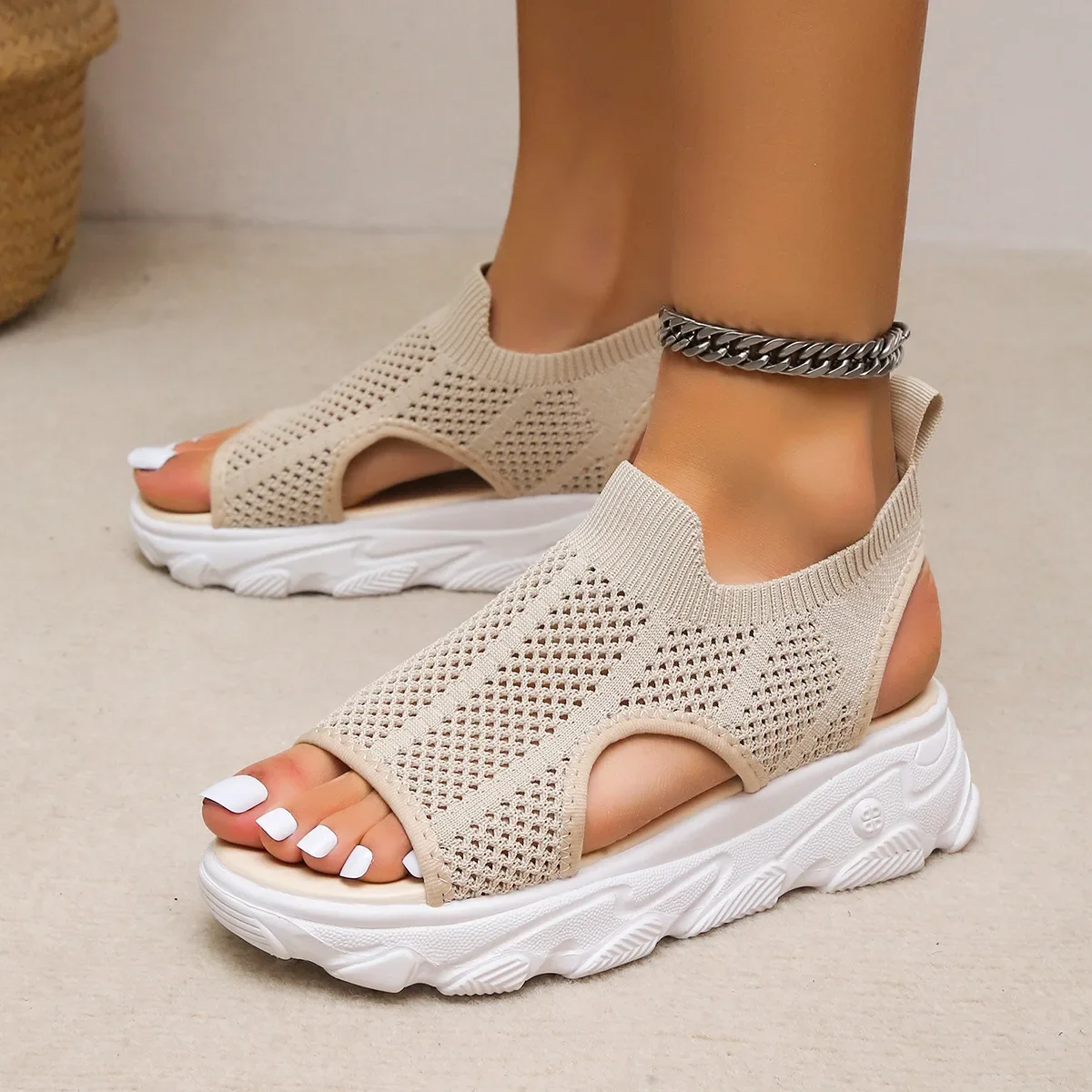 Sandalias de plataforma informales para Mujer, Zapatos con cordones de malla, Punta abierta, para playa, verano, 2023