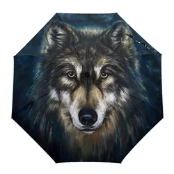 Animal Art Wolf Head Plush Print Women Men Rain Umbrella Three Folding Girl Durable Portable Automatic Umbrellas Gift Parasol