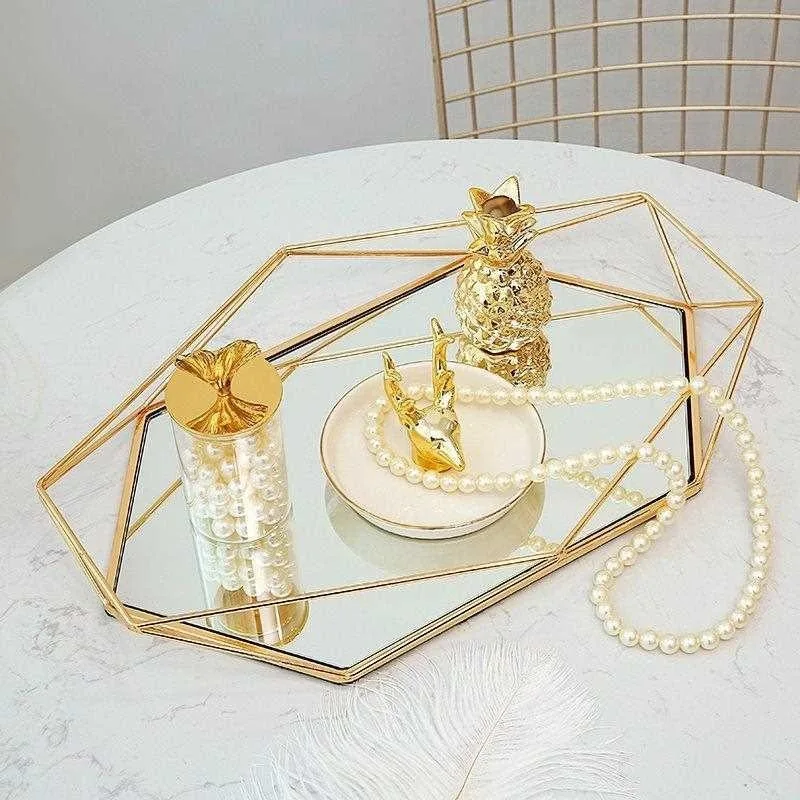 European Metal Glass Jewelry Gold Display Plate Geometric Tray Mirror Rose Shelf  Storage Ring Dish Home Decoration