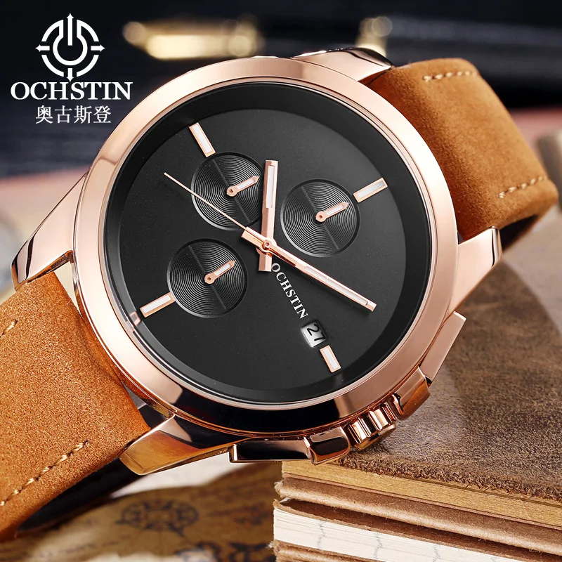 OCHSTIN Hot Sale Men's Quartz Watches Man Leather Strap Clock Male Multifunctional Movment Waterproof Pilot Collection Watch