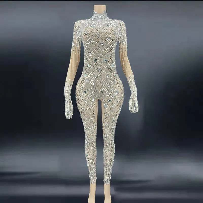 Silver Rhinestones Gloves Jumpsuit Transparent Mesh Stones Bodysuit Pants Birthday Celebrate Outfit Evening plus size