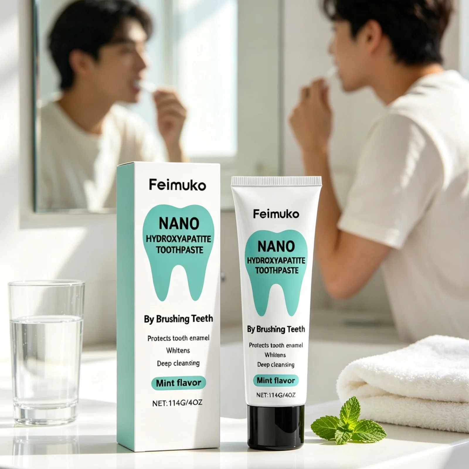 Feimuko Oral Care Toothpaste Deep Cleansing Long Lasting Fresh Breath Refreshing Mint Brighten Tooth Whitening Toothpaste 114g