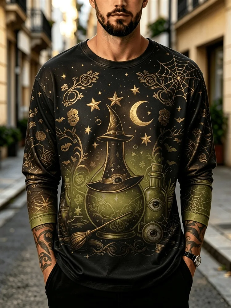 Men's Halloween Pumpkin Lantern Long Sleeve T-Shirt Bat Moon Spider Web Maple Leaf Mushroom Graphic Tee Pullover Tops Gift