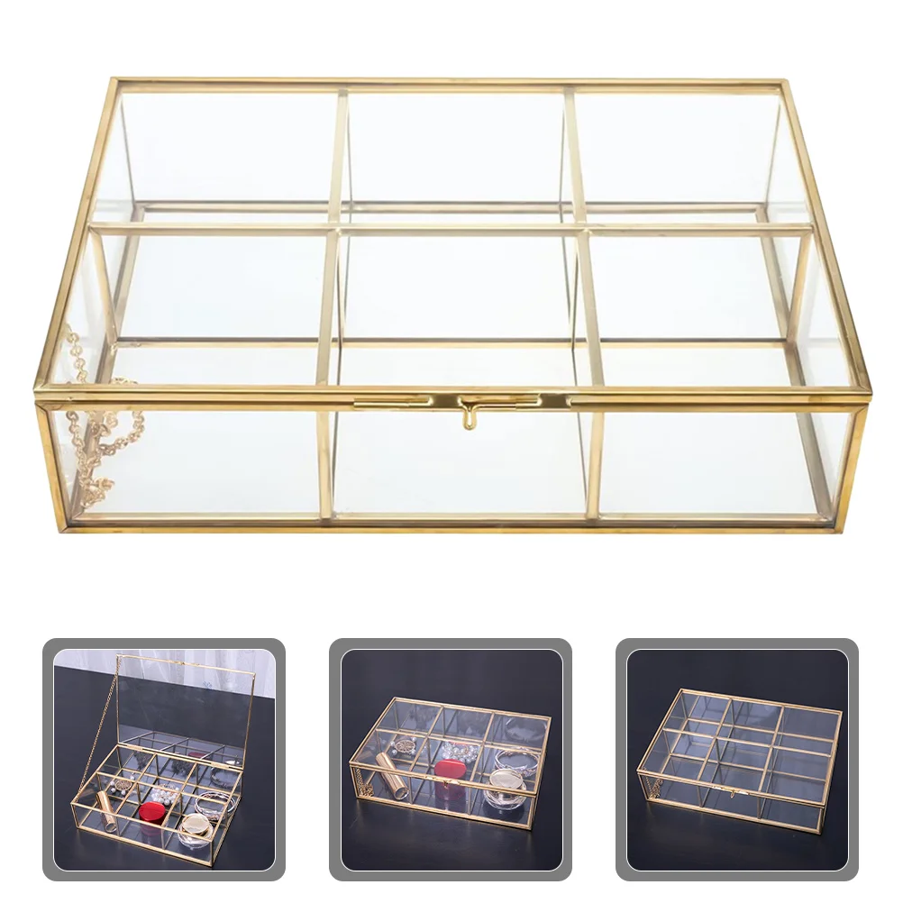 

Storage Box Vintage 6 Grid Copper Frame Glass Cover Jewelry Organizer for Necklace Ring Earrings Display Home Use