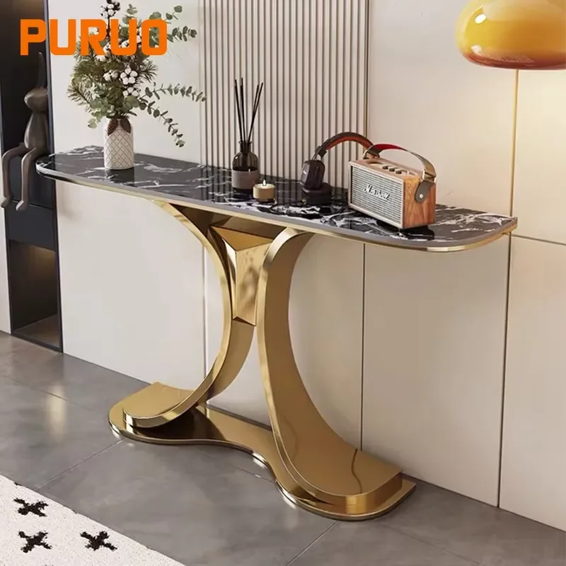 Modern Entryway Hallway Extendable Stone Top Long Narrow Console Table Gold Stainless Steel Base Design for Living