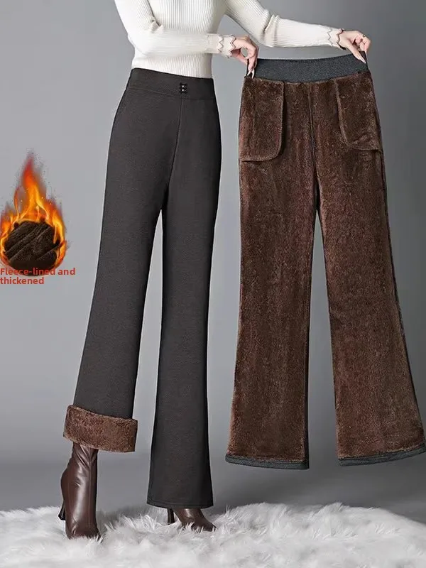 Thickened Fleece Lined Casual Pants for Mom High Waist Flared Trousers Autumn Winter Women's plus Size Woolen Blend Pants