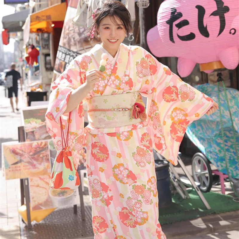 New Japanese kimono Women Sexy Kimono Yukata With Obi Novelty Traditional Japanese Cosplay Costume Satin Floral Robe One Size