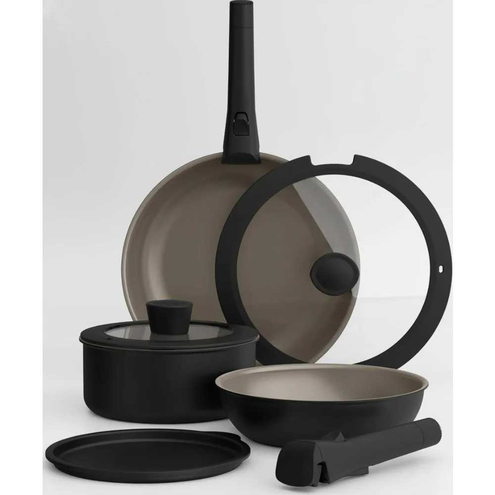 

Набор посуды с антипригарным покрытием из 8 предметов со съемными ручками, можно мыть в духовке и в посудомоечной машине, индукционная совместимость