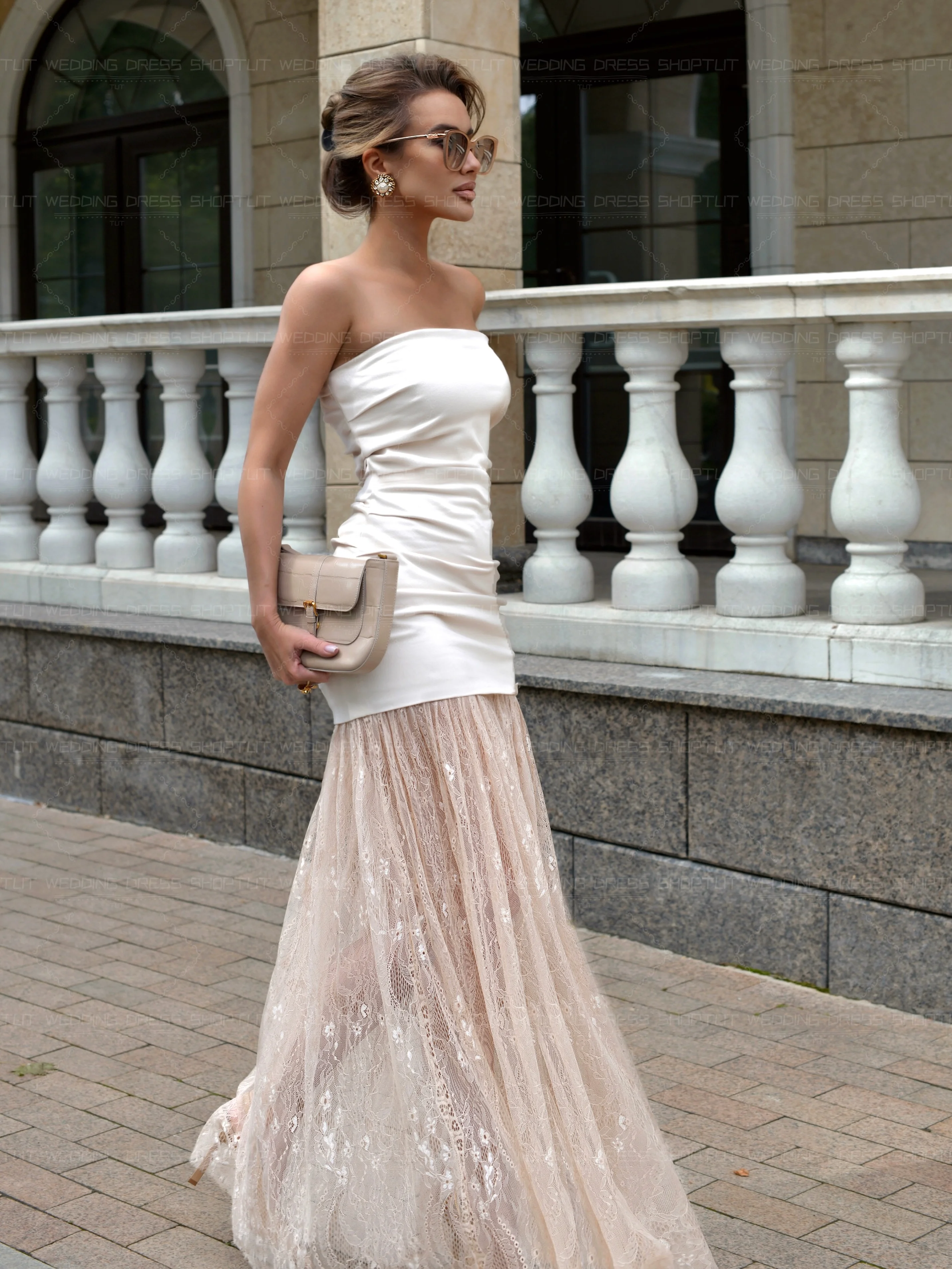 TLIT Modern Ivory Elastic Satin Tops Wedding Dresses Customized Strapless Sparkly Lace Hem Sheath Sleeveless Bridal Gowns