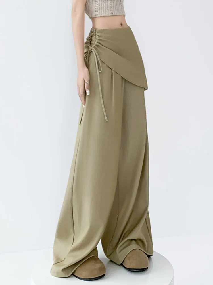 

Женские летние повседневные брюки цвета хаки с широкими штанинами, высокой талией, асимметричным шнурком, прямые, имитация двух частей