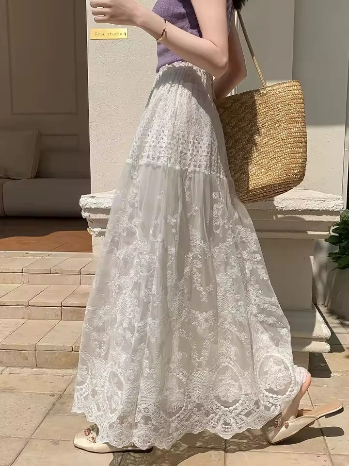 2025 Autumn Slim Temperament High Waisted Lace Mesh Skirt Long Skirt