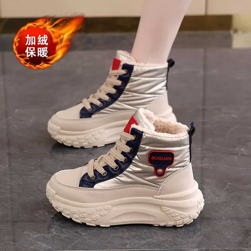 SHigh-Top Cotton Shoes Female Students Korean Version 2024 Winter New Big Cotton Joker Plus Velvet Sports Women'S Boots