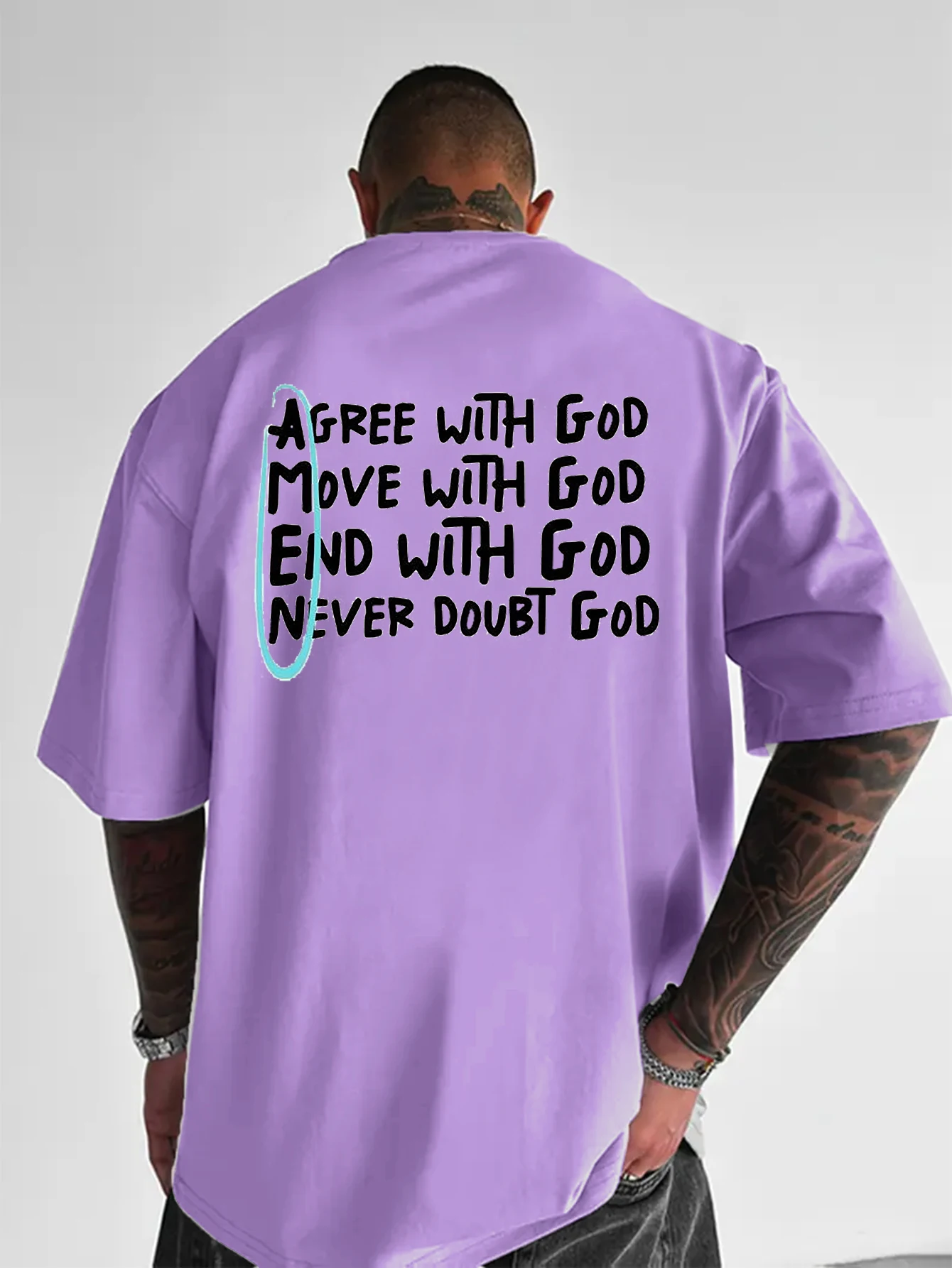 Oversized Men Crew Neck T-Shirt, Agree With God Faith Letter Slogan Back Graphic Print Short Sleeve Casual Streetwear Tee