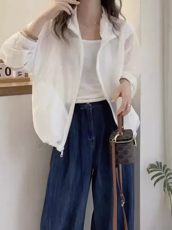 Women's Summer 2025 Thin Long Sve Stand Collar Casual Outerwear Loose Fit Zipper Faion Lazy Sle Sun Protection Top