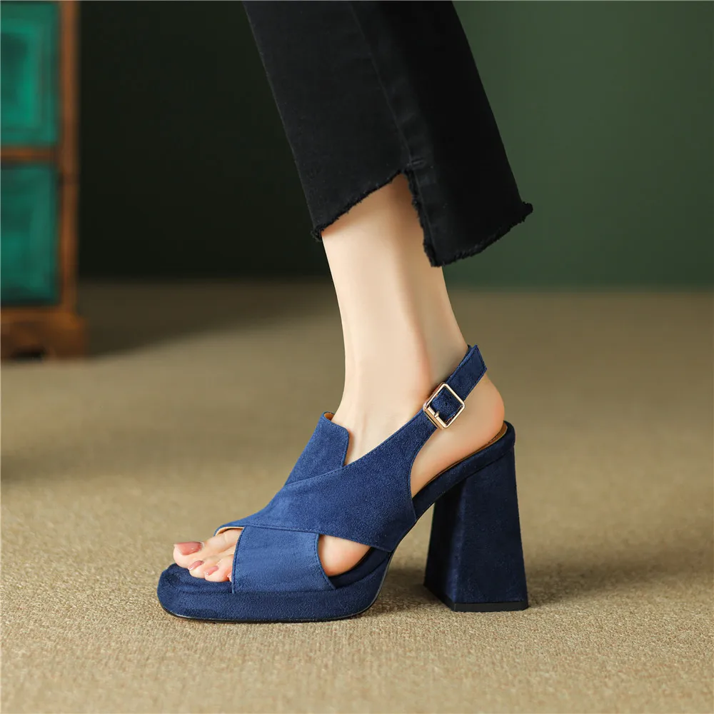 Aucegi Elegance Vintage Women Kid Suede Sandals Women Buckle Strap Platform Thick High Heels Commuter Casual Manual Made Shoes