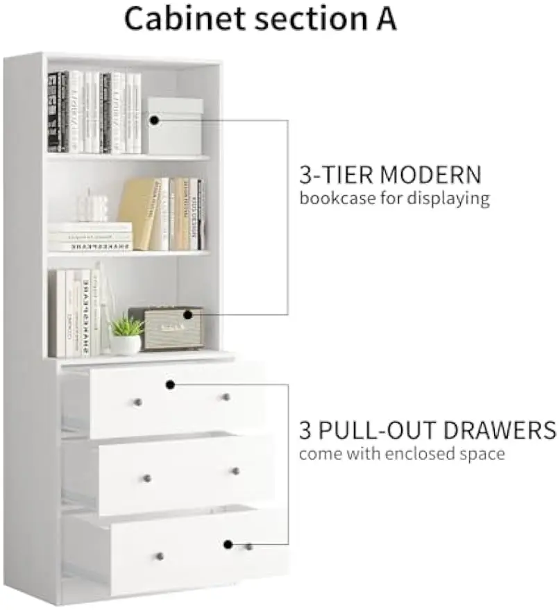 71" Bookshelf Bookcase, 3-Tier Modern Bookshelves 3 Large Drawer, Wood Filing Cabinet with Open Storage Shelf, Glass Doors