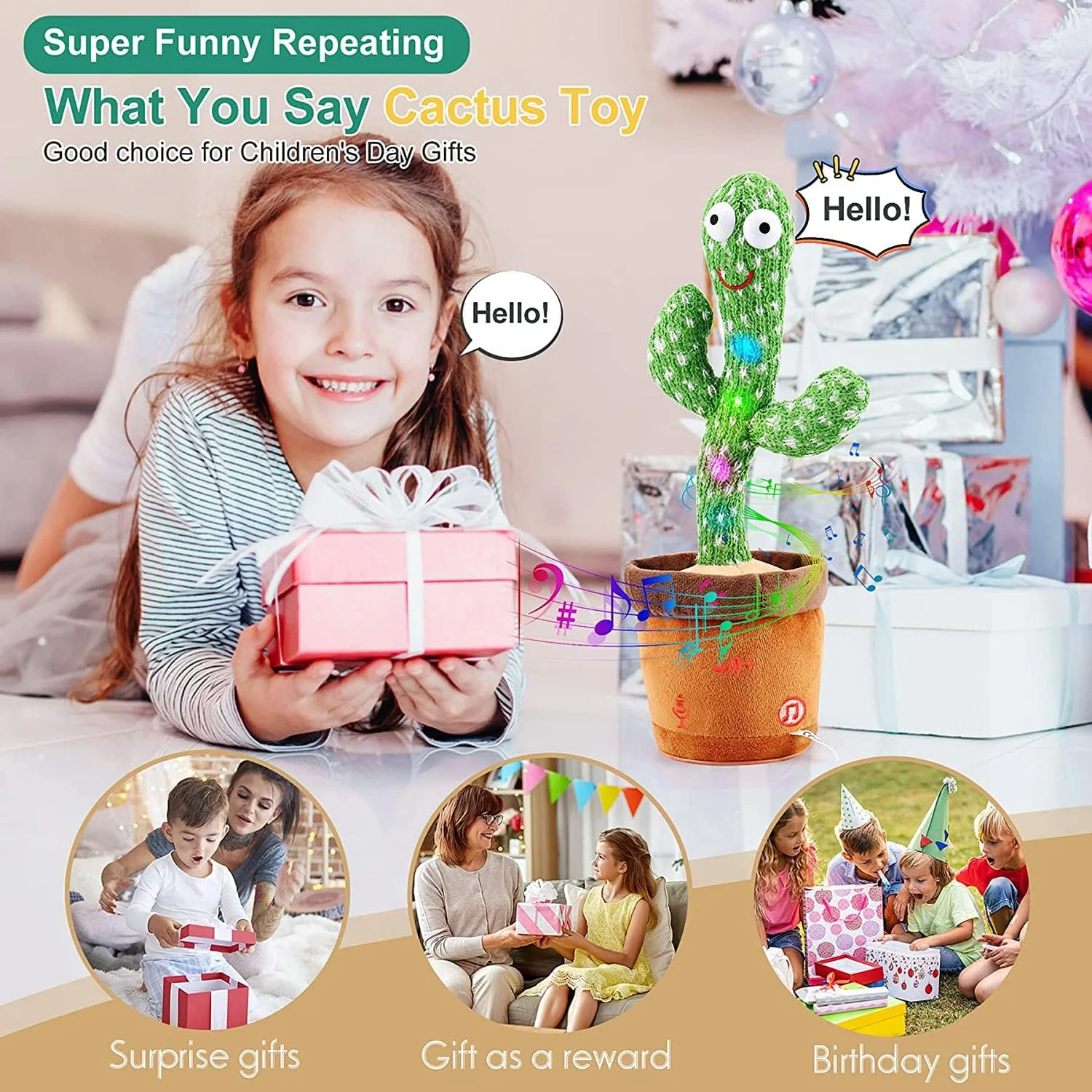 2024 New Fun Cactus Toy Can Repeat Talking Interactive Learning Can Glow and Dance Cactus Spanish Parlanchin Baby Toy